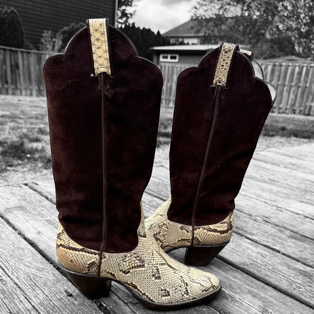 Vintage Larry Mahan Brown Suede and Reptile Leather Women's Cowboy Boots - Picture 4 of 8